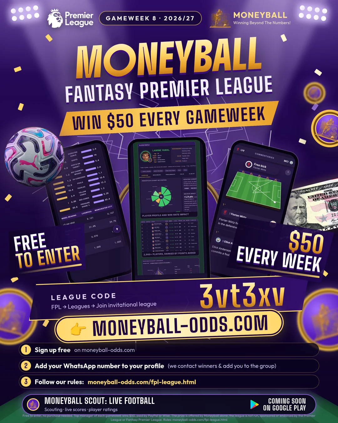 Moneyball Fantasy Premier League poster: free to enter, $50 every gameweek, league code 3vt3xv